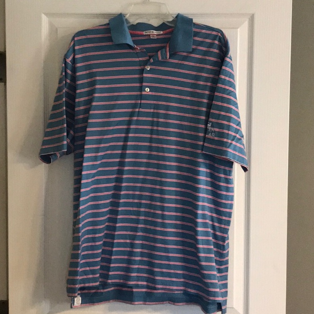 Peter Millar Men's Blue and Pink Striped Polo Shirt